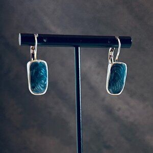 Teal Cabochon Earrings - Cushion Rectangle Bezel Set Drop Silver Earring